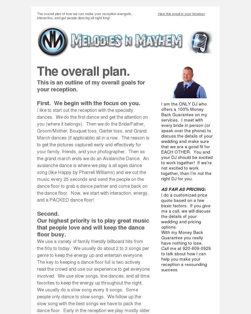 Wedding reception DJ service promotional flyer.