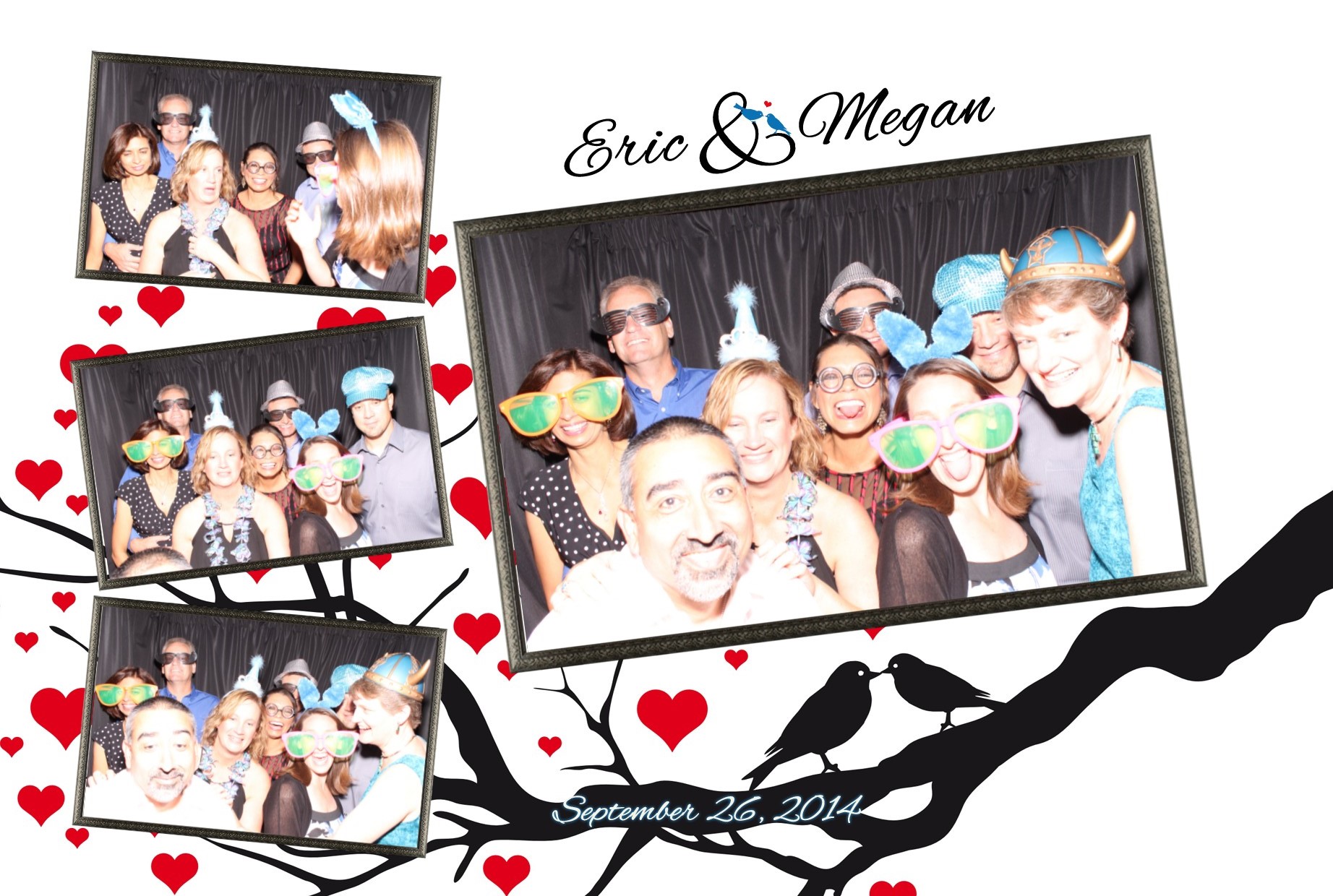 Friends celebrating together with fun props in a photo booth.