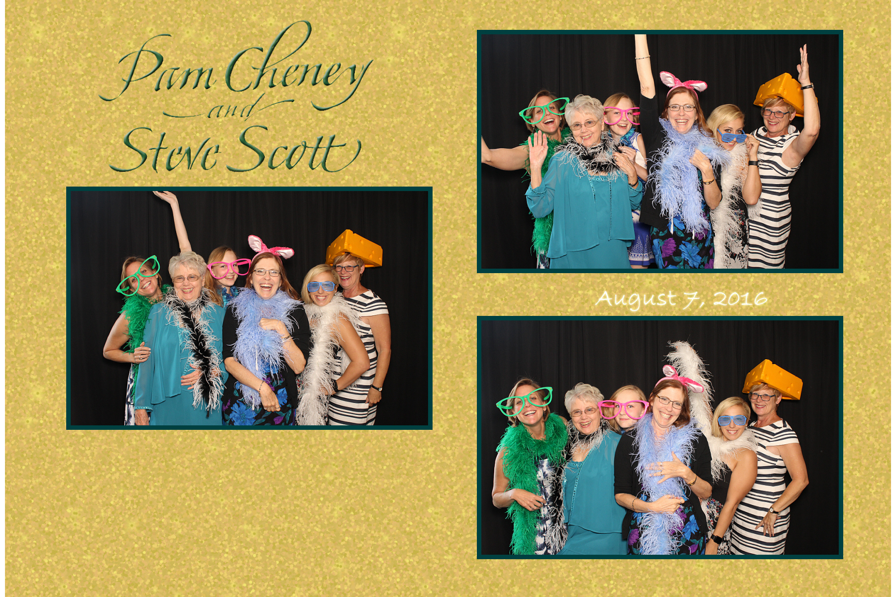 Guests enjoying playful moments in a photo booth at a celebration event.