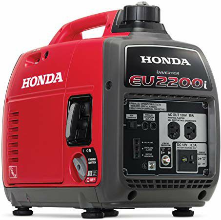 Compact red Honda generator with multiple outlets and controls.