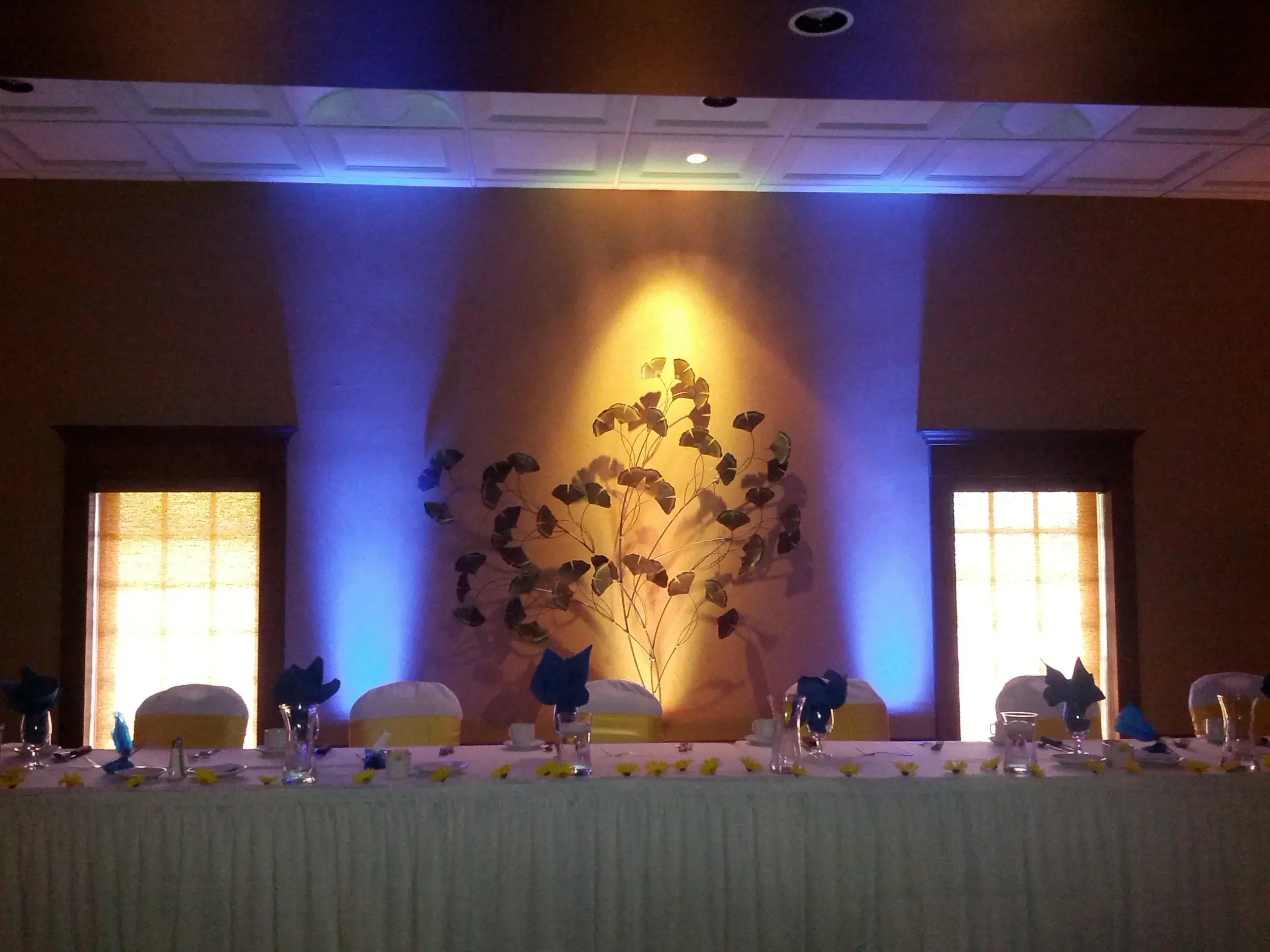 Wedding head table with bat-themed wall decor and soft lighting.